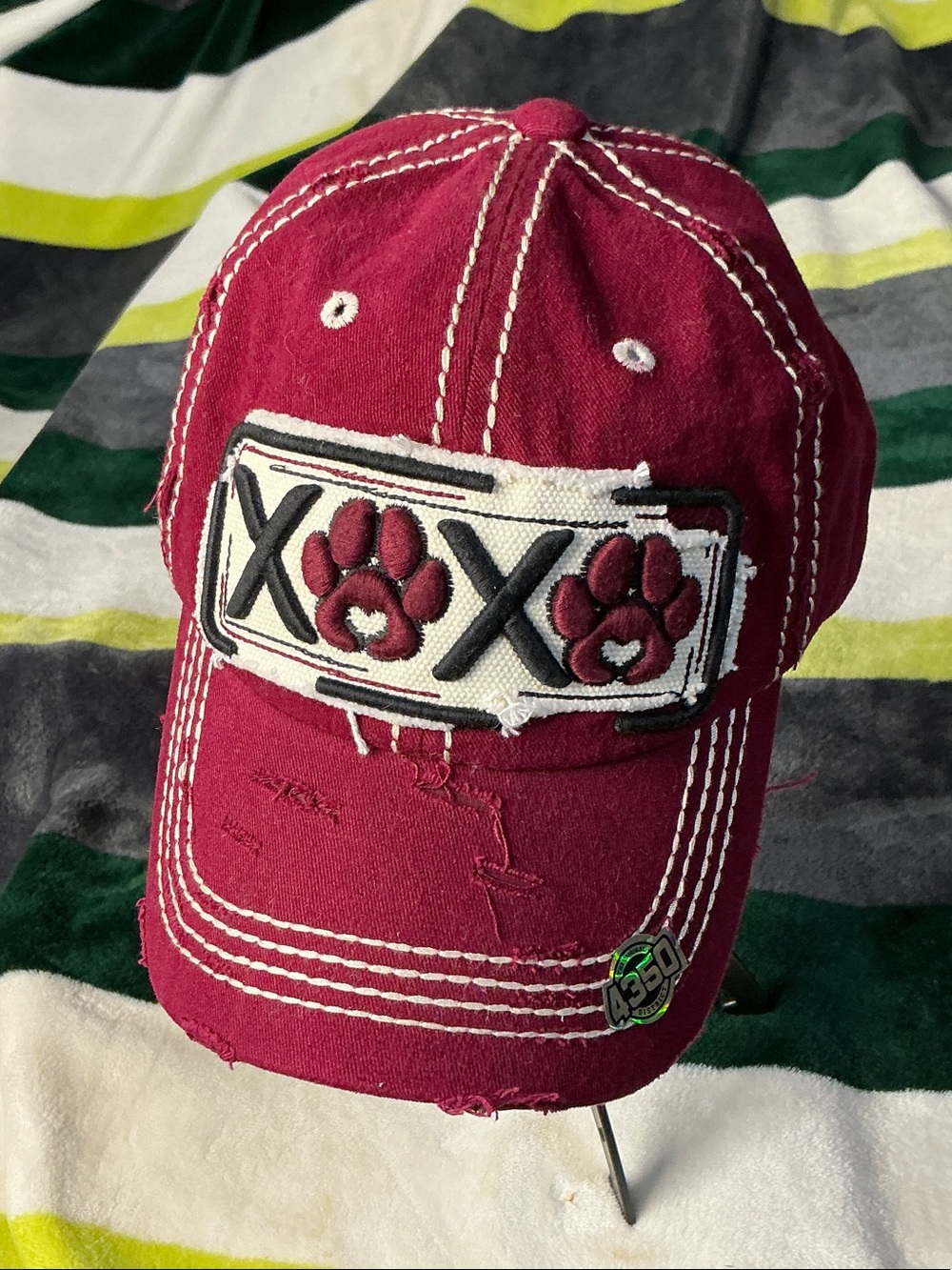 District Red  XOX Paws Distressed Baseball Cap Maroon Burgundy Washed